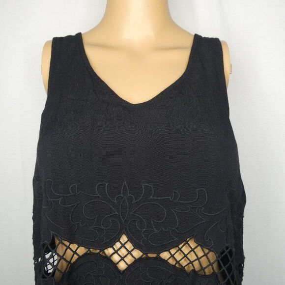 ASTR Silk Blend Sleeveless Blouse Sheer Panel Top Crochet Lace Black Open Back - Picture 2 of 10